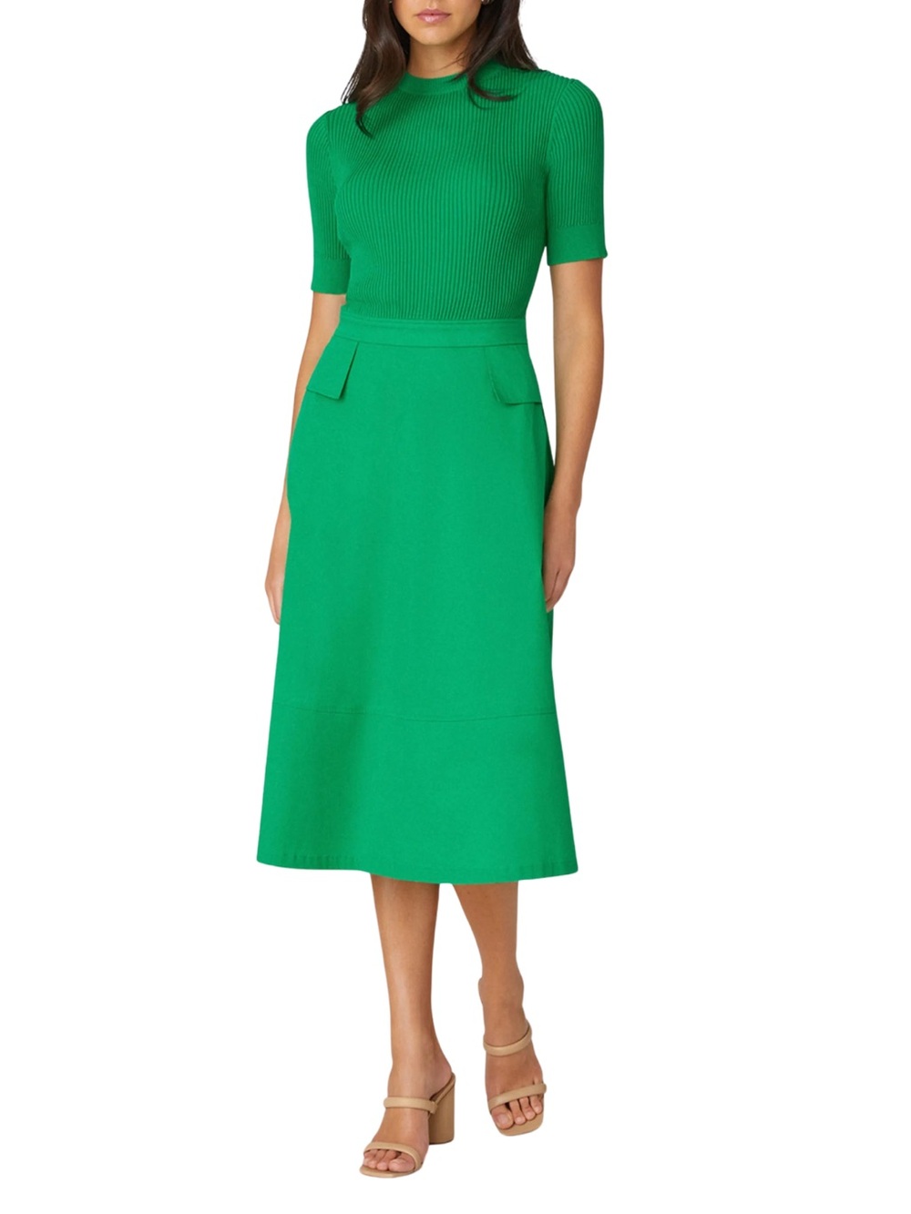 Shoshanna Harriet Dress Kelly Green Ribbed Poplin Midi XS